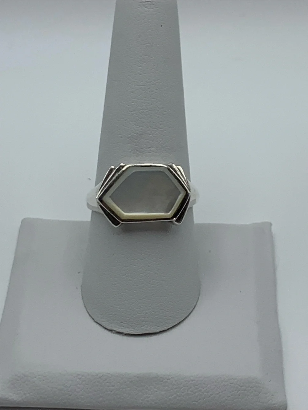 Art Deco Geometric Hexagon Mother of Pearl Sterling Silver Ring Size 9